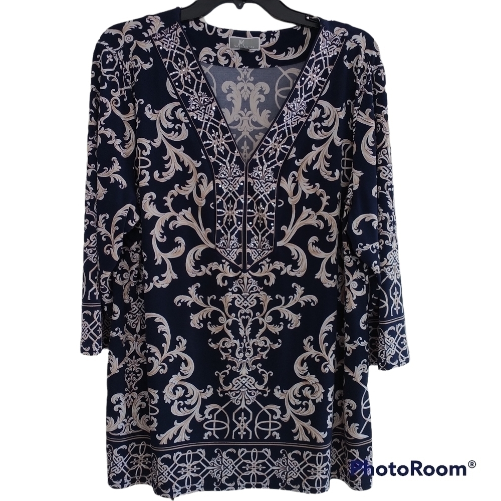 JM Collection Navy Tan Classic Print V Neck Pullover Top XL